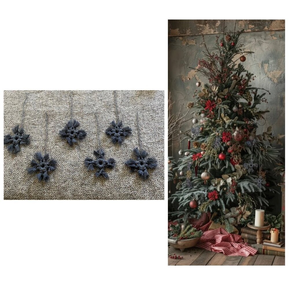 Handmade Cotton Snowflake Ornaments of 6 Gray NWT